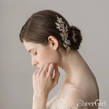 Retro Vintage Gold Comb with Crystal Sprig and Leaves ACC1129-SheerGirl