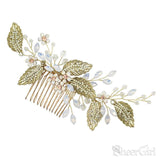 Retro Vintage Gold Comb with Crystal Sprig and Leaves ACC1129-SheerGirl