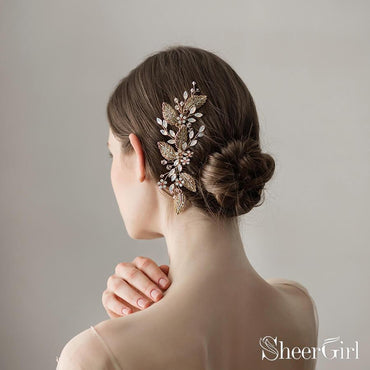 Retro Vintage Gold Comb with Crystal Sprig and Leaves ACC1129-SheerGirl
