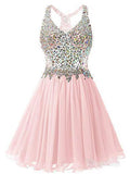 Rhinestone Beaded Pink Homecoming Dress Backless Chiffon Short Prom Dress ARD1571-SheerGirl