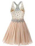 Rhinestone Beaded Pink Homecoming Dress Backless Chiffon Short Prom Dress ARD1571-SheerGirl