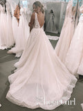 Romantic Deep V Neckline Foral Appliqued Ball Gown Bridal Gown Wedding Dress AWD1698-SheerGirl