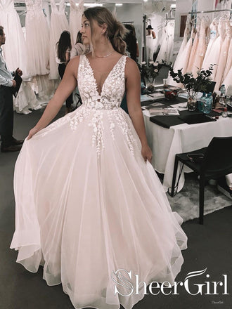 Romantic Deep V Neckline Foral Appliqued Ball Gown Bridal Gown Wedding Dress AWD1698-SheerGirl