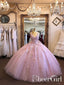 Rose Pink Sparkly Tulle Appliqued Bodice Illusion Neckline Ball Gown Prom Dresses ARD2504