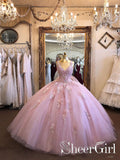 Rose Pink Sparkly Tulle Appliqued Bodice Illusion Neckline Ball Gown Prom Dresses ARD2504-SheerGirl