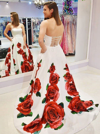 Rose Red Floral Long Prom Dresses with Pockets Strapless Prom Gown ARD1955-SheerGirl