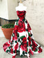 Růžově červené květinové dlouhé plesové šaty s kapsami plesové šaty bez ramínek ARD1955 