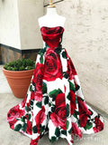Rose Red Floral Long Prom Dresses with Pockets Strapless Prom Gown ARD1955-SheerGirl