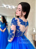 Royal Blue A Line Ball Gown Prom Dress Appliqued Long Sleeves Party Dress ARD2880-SheerGirl