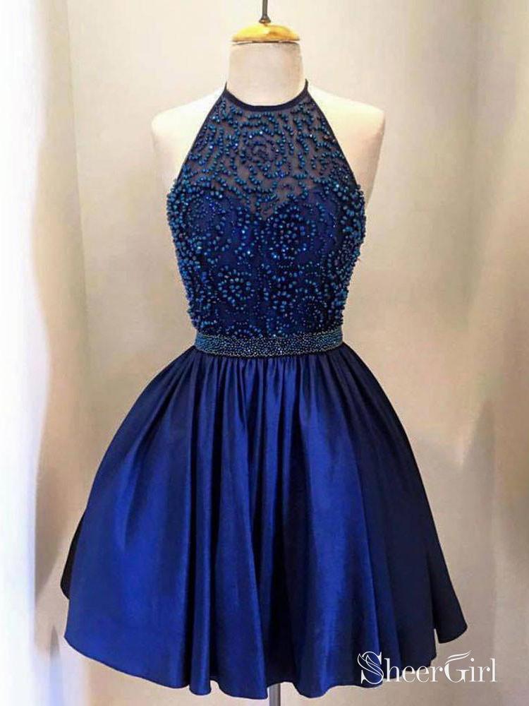 Royal Blue Beaded Halter Homecoming Dresses Backless Short Prom Dress apd1621-SheerGirl