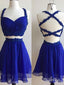 Royal Blue Chiffon 2 Pieces Homecoming Dress Sexy krátké plesové šaty bez zad, apd2496 