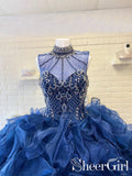 Royal Blue High Neckline Rhinestone Metallic Embroidery Ballgown Flounced Tulle Quinceanera Dress ARD2556-SheerGirl