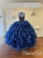 Royal Blue High Neckline Rhinestone Metallic Embroidery Ballgown Flounced Tulle Quinceanera Dress ARD2556