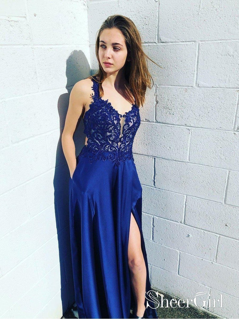 Royal Blue Lace Top Prom Dresses with Pocket Thigh Split Formal Dresses APD3465 Royal Blue Lace Top Prom Dresses with Pocket Thigh Split Formal Dresses APD3465