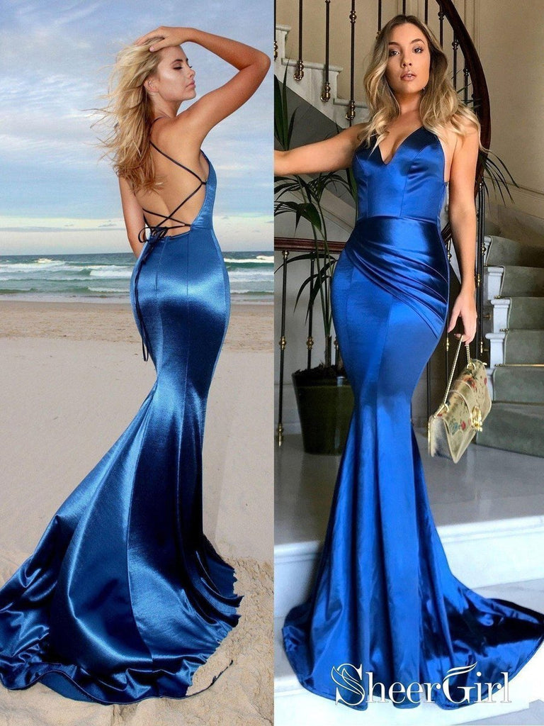 Royal Blue Long Mermaid Prom Dresses 2019 Backless Gold Pageant Dress APD3253-SheerGirl