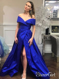 Royal Blue Off Shoulder Prom Dresses with Slit Vintage Plus Size Formal Dress APD3273-SheerGirl