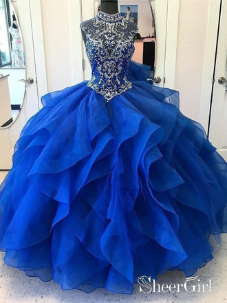 Royal Blue Organza High Neck Quinceanera Dresses Burgundy Prom Dresses APD2860-SheerGirl