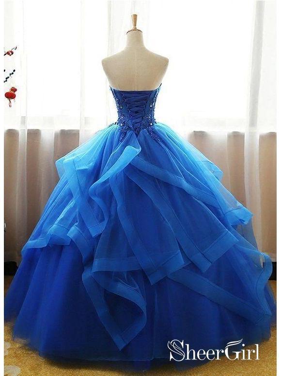 Royal Blue Quinceanera Dresses Organza Lace Applique Cheap Prom Dresses ARD1213-SheerGirl