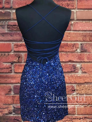 Royal Blue Sequins Short Prom Dress Backless Sparkly Homecoming Dress ARD2832-SheerGirl