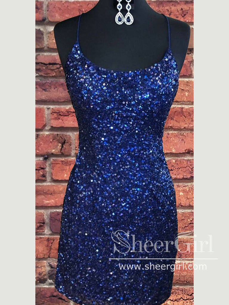 Royal Blue Sequins Short Prom Dress Backless Sparkly Homecoming Dress ARD2832-SheerGirl
