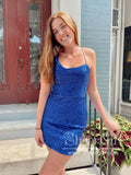 Royal Blue Sequins Short Prom Dress Halter Neck Sparkly Homecoming Dress ARD2797-SheerGirl