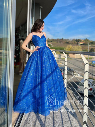 Royal Blue Sparkly Tulle Prom Gown Shiny Ball Gown Corset Back Long Prom Dresses ARD2889-SheerGirl