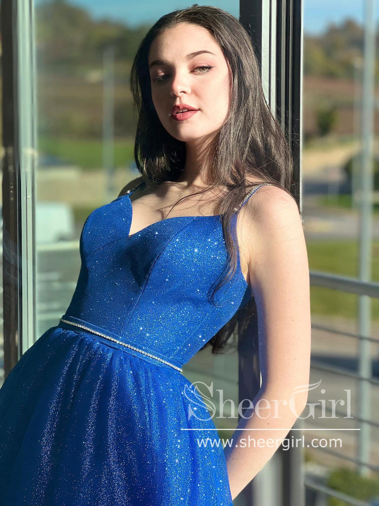 Royal Blue Sparkly Tulle Prom Gown Shiny Ball Gown Corset Back Long Pr –  SheerGirl