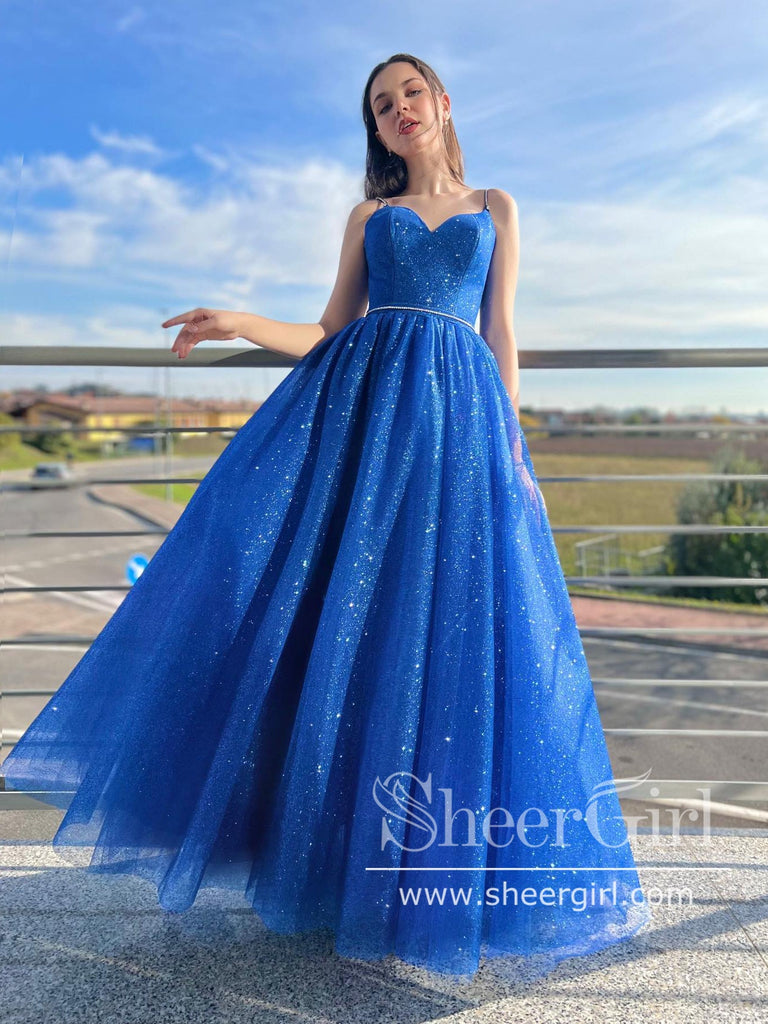 Royal Blue Sparkly Tulle Prom Gown Shiny Ball Gown Corset Back Long Pr –  SheerGirl