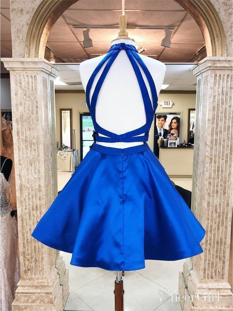 Royal Blue Two Piece Homecoming Dress Open Back Beaded Short Prom Dress ARD1712-SheerGirl