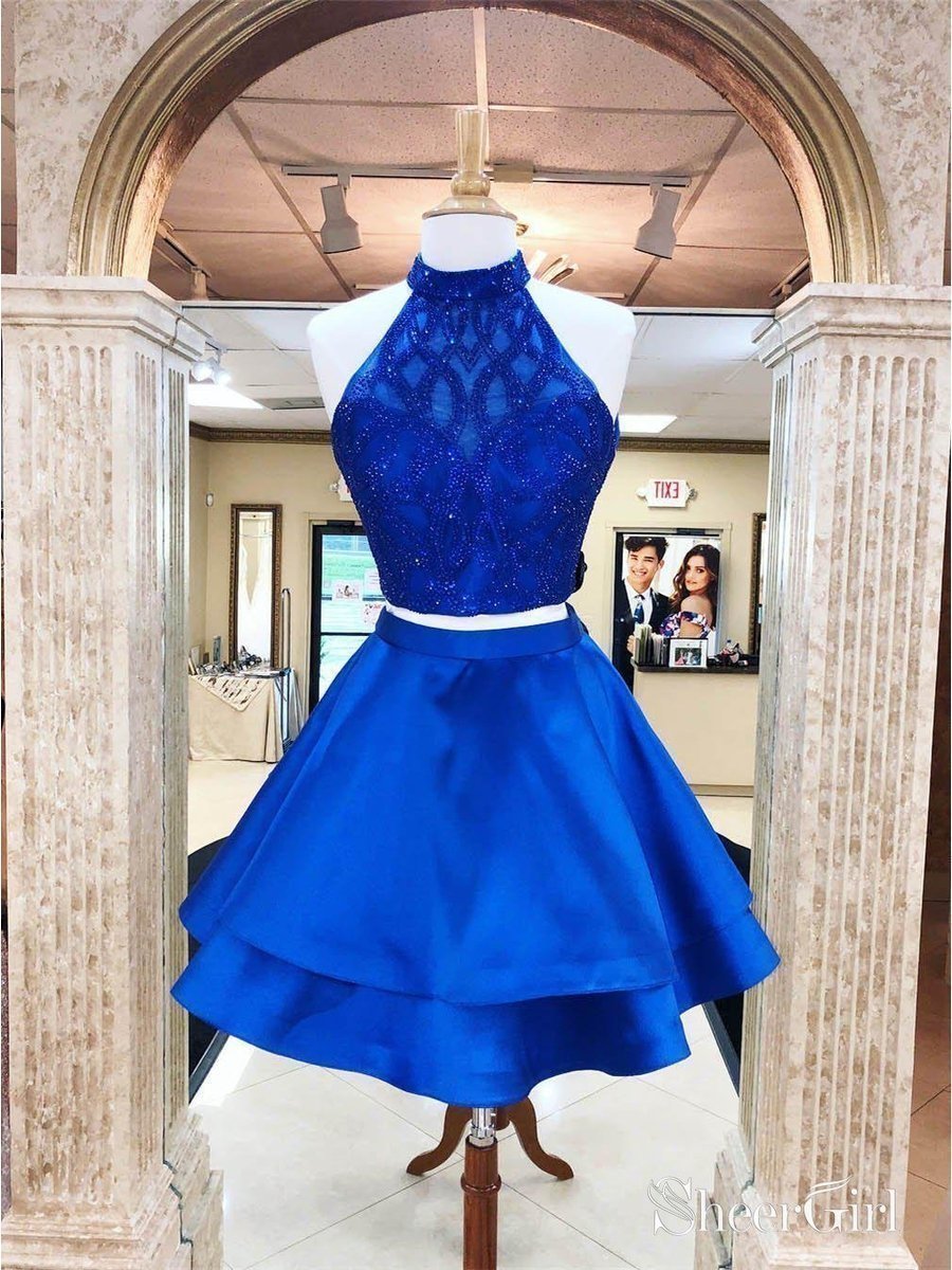 short blue prom dress Royal Two Piece Homecoming Open Back Beaded Dress ARD1712 Jewelry Display Mannequin Ombreprom Homecoming Dress Black Hips=_inches4 Color:ROSE GOLD