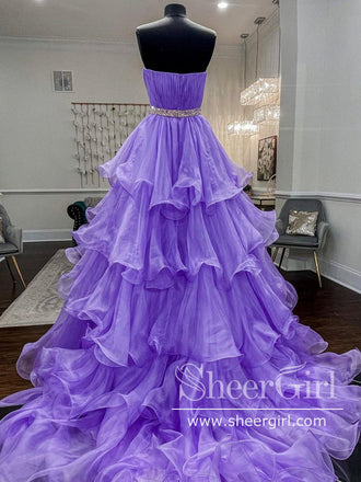 Ruffled Organza Ball Gown Pleated Bodice Long Prom Dress with Sweep Train ARD2681-SheerGirl