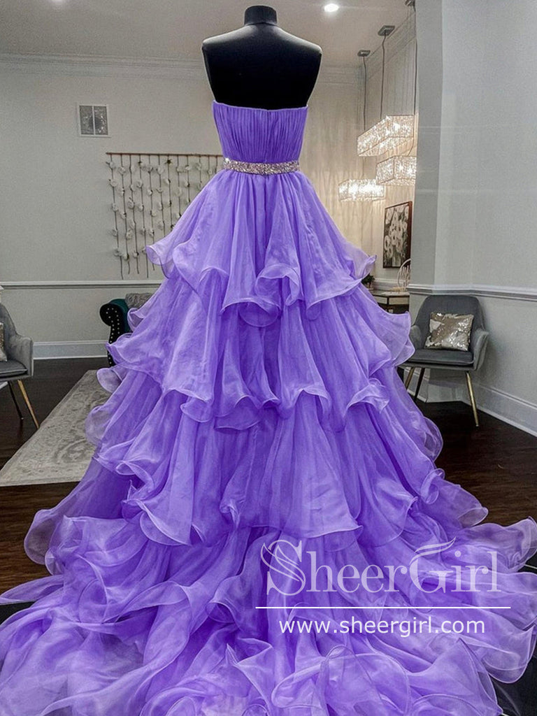 Ruffled Organza Ball Gown Pleated Bodice Long Prom Dress with Sweep Train ARD2681-SheerGirl