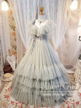 Ruffled Tulle Pleated Bodice Layered Cute Grey Ball Gown Prom Dress Wedding Dress AWD1941-SheerGirl