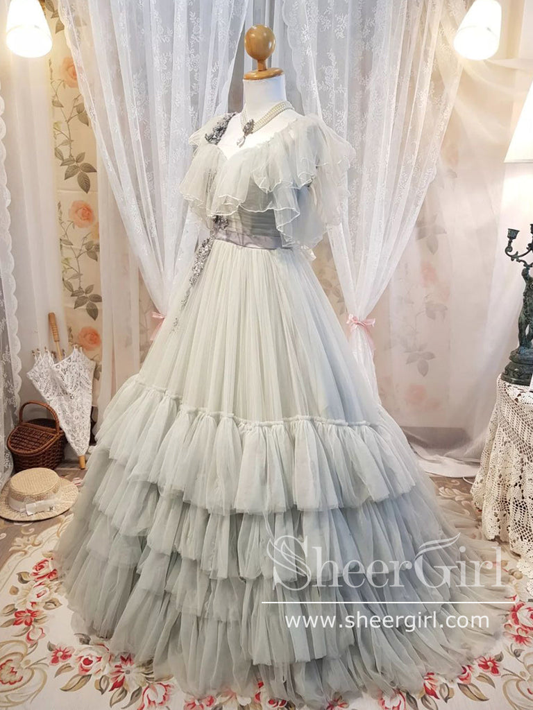 Puffy Grey Prom Dresses Long Shawl Evening Dress Velvet Lace Flowers 3d  Tulle Prom Party Gown Off Shoulder Lace Up Back Vestido - Prom Dresses -  AliExpress