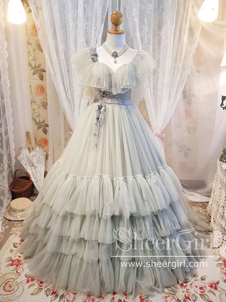Ruffled Tulle Pleated Bodice Layered Cute Grey Ball Gown Prom Dress Wedding Dress AWD1941-SheerGirl
