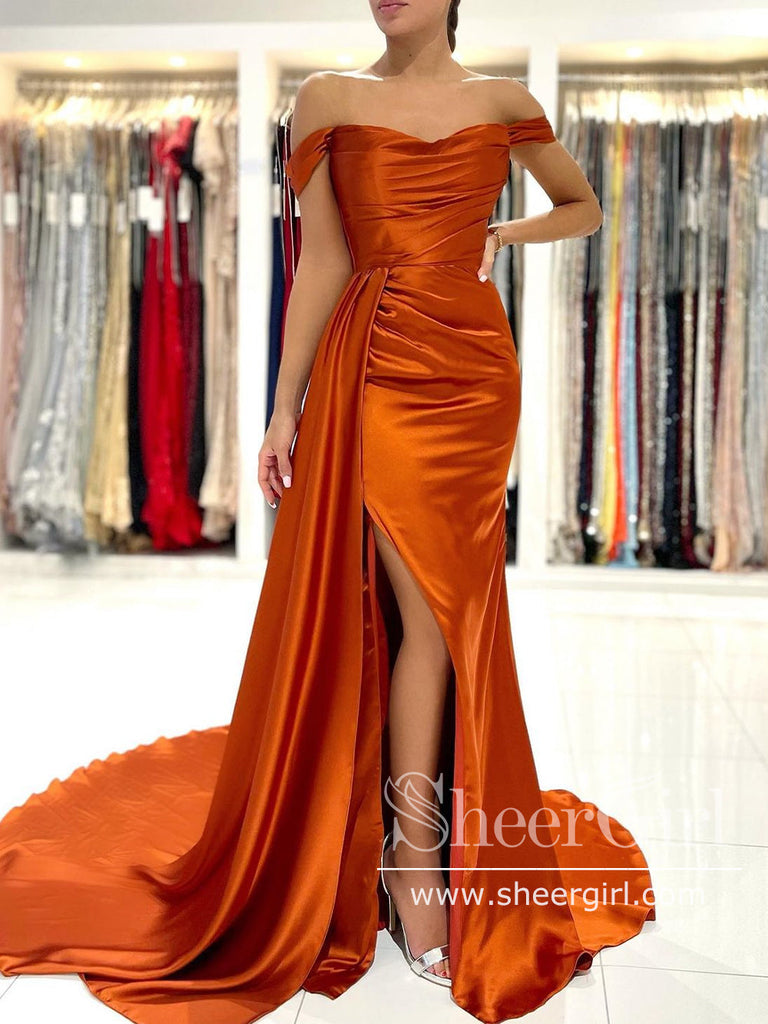Rust Off the Shoulder Evening Dress Mermaid Satin Prom Dress with Flap ARD2869-SheerGirl