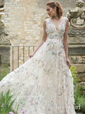Rustic Deep V Neck Wedding Dresses Colorful Lace In Ivory Tulle A Line Floor Length Wedding Gowns AWD1606-SheerGirl
