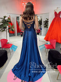 Satin Crossed Back Evening Dress Thigh Slit Royal Blue Prom Dresses with Rhinestones ARD2704-SheerGirl