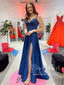 Satin Crossed Back Evening Dress Thigh Slit Royal Blue Prom Dresses with Rhinestones ARD2704