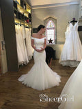 Satin Mermaid Bridal Dress With Tulle Train Ivory Off Shoulder Wedding Dresses AWD1632-SheerGirl
