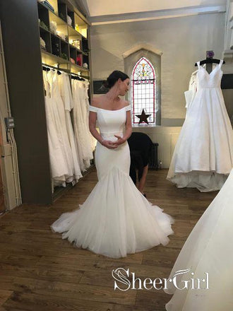 Satin Mermaid Bridal Dress With Tulle Train Ivory Off Shoulder Wedding Dresses AWD1632-SheerGirl
