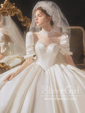 Satin Princess Bow Tie Wedding Dress with Puff Short Sleeves Ball Gown Bridal Dress AWD1796-SheerGirl