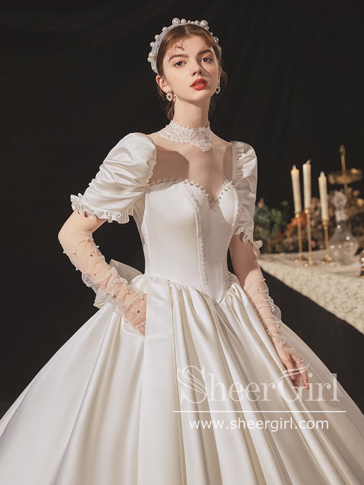 Gorgeous Long Puff Sleeve Beach Tulle Lace Wedding Dresses A Line –  MyChicDress