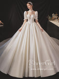 Satin Princess Bow Tie Wedding Dress with Puff Short Sleeves Ball Gown Bridal Dress AWD1796-SheerGirl