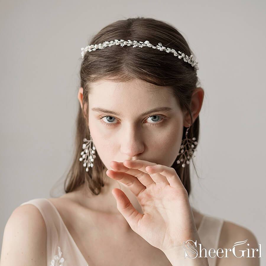 Scattered Pearls Silver Headband with Petals,Earrings,Wrist Flower Corsage ACC1102-SheerGirl