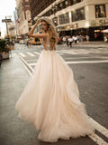 See Through Beaded Bodice Champagne Wedding Gowns V Neck Bridal Dress AWD1333-SheerGirl