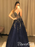 See Through Beaded Bodice V Neck Line Sexy Party Dress Navy Blue Tulle Long Prom Dress ARD2533-SheerGirl