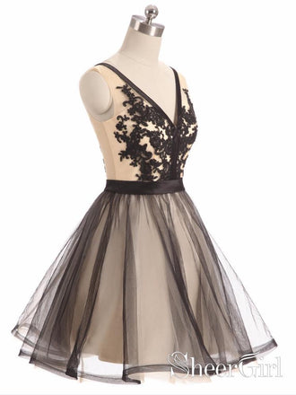 See Through Black Lace Short Dresses A Line V Neck Vintage Homecoming Dresses ARD2464-SheerGirl