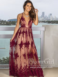 See Through Floral Lace V Neckline A Line Spaghetti Straps Floor Length Prom Dress ARD2577-SheerGirl