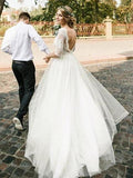See Through Half Sleeve Ivory Country Wedding Dresses Backless Tulle Wedding Dress AWD1268-SheerGirl